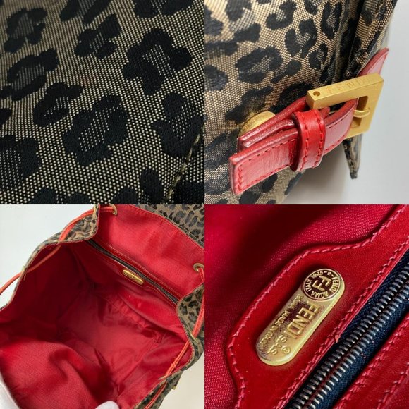 FENDI Leopard pattern Backpack Canvas/Leather Brown x Red main image 9